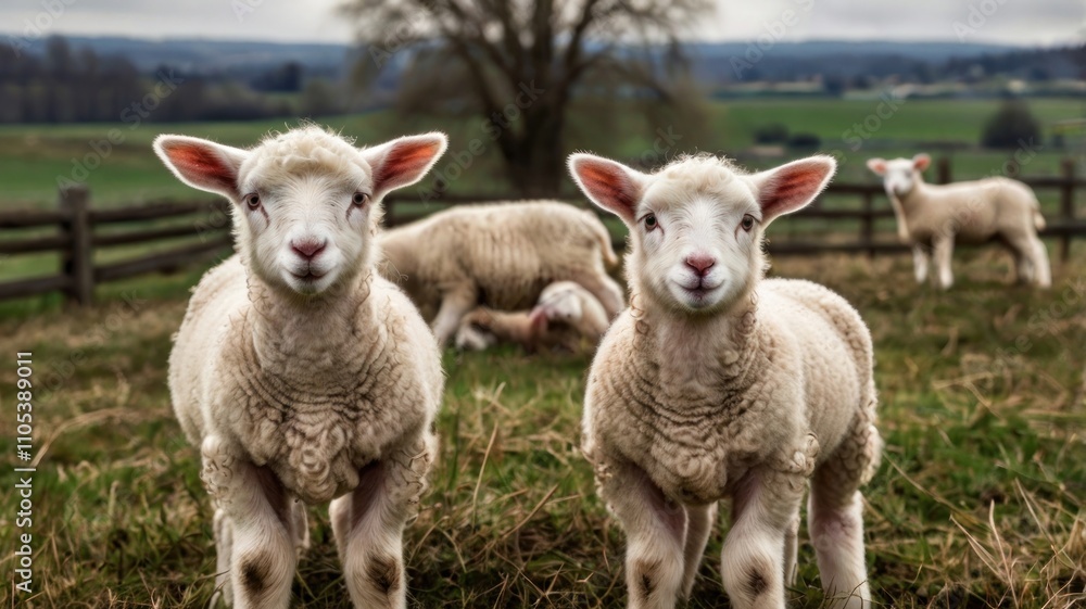 Here's a description and keywords for your image.. Two adorable lambs gaze directly at the camera in a lush green pasture, other sheep visible in the background. Here's a description and keywords for your image.. Two adorable lambs gaze directly at the camera in a lush green pasture, other sheep visible in the background.