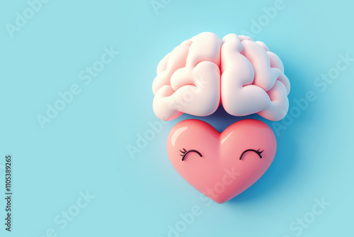 Mental health concept with cartoon brain and heart togetherness