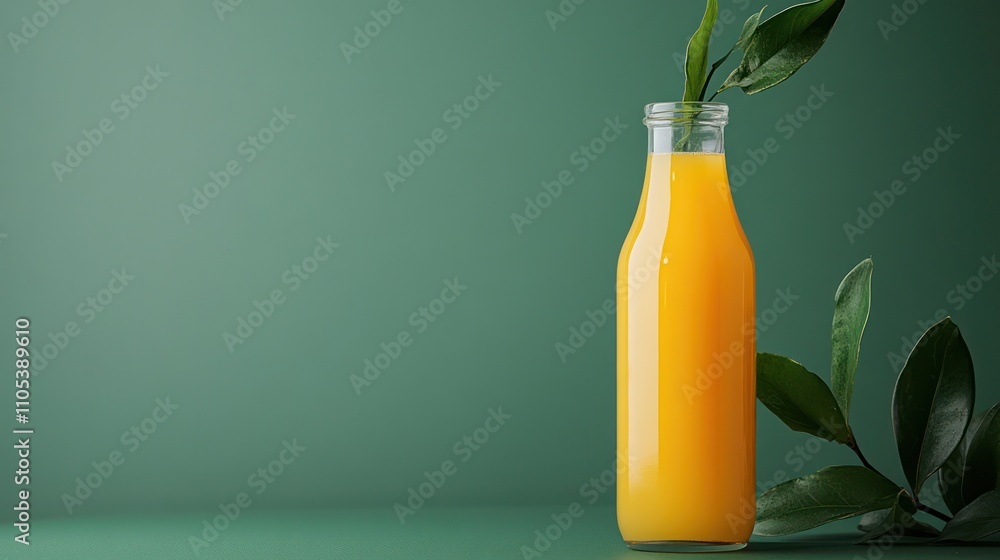 A refreshing juice in a glass bottle, set on a serene green backdrop for hydration A refreshing juice in a glass bottle, set on a serene green backdrop for hydration