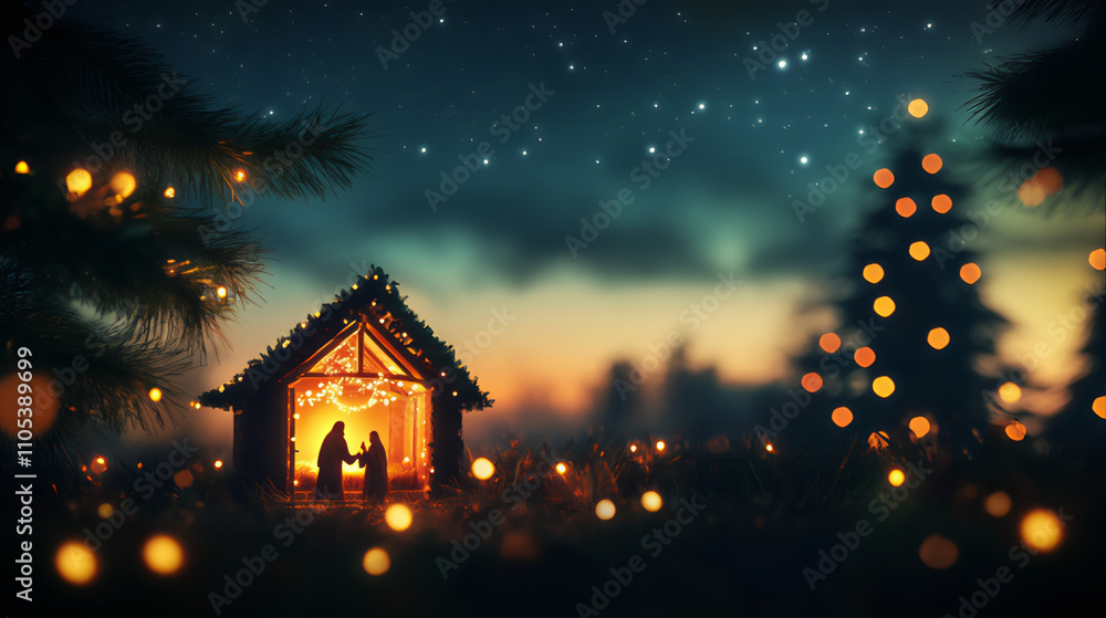 Naklejka premium Nativity silhouette of Mary and Joseph with little baby Jesus the messiah born in Bethlehem Ephrata in a manger at night. Astrologer follows a star to see jesus in Bethlehem. 