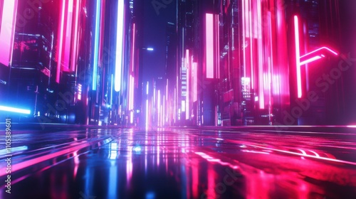 City intersection with high-speed light trails, neon colors and reflections, futuristic and vibrant, bustling city energy