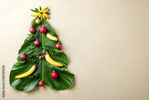 Creative Christmas tree made of banana leaves and ornaments on a minimal beige background photo