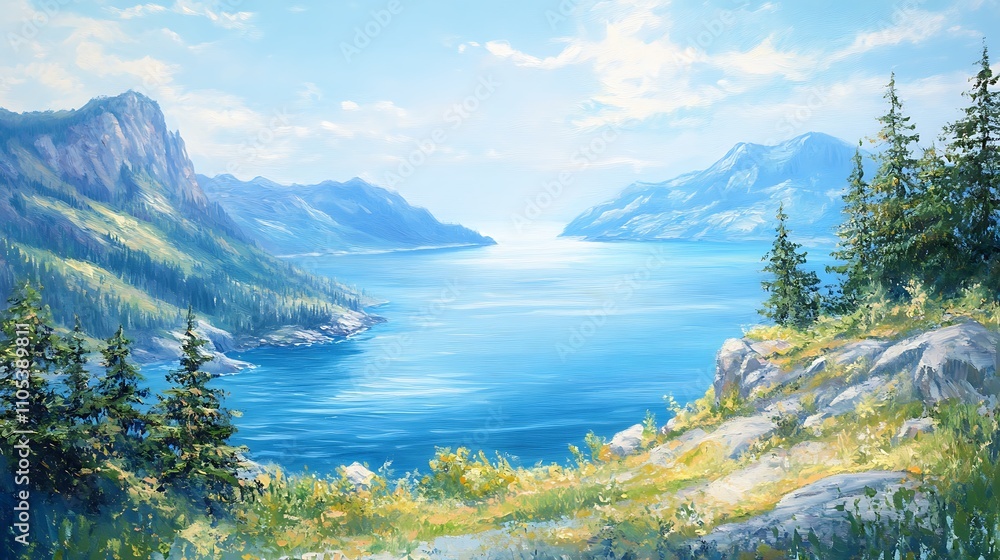 Obraz premium A high vantage point view of a mountain fjord meeting a serene blue sea