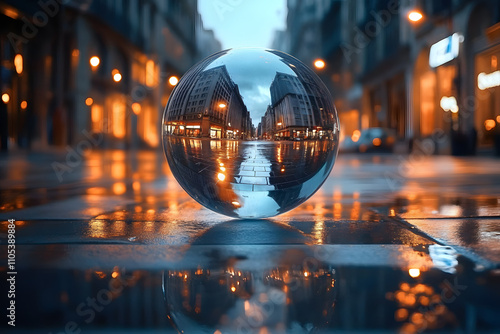 Wallpaper Mural A Cityscape Reflected in a Glass Sphere on a Wet Pavement Torontodigital.ca