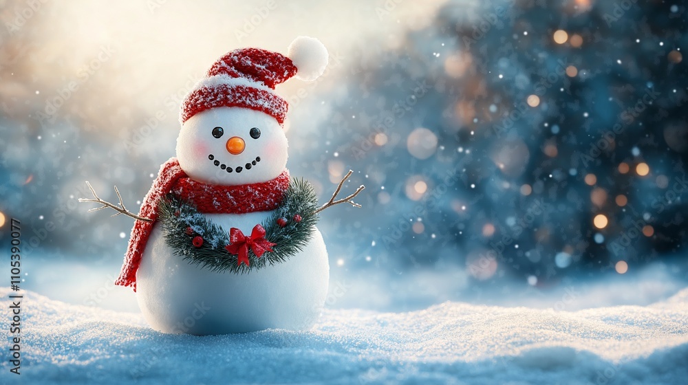 Festive snowman with a Christmas wreath around its neck, sparkling snowy background Festive snowman with a Christmas wreath around its neck, sparkling snowy background