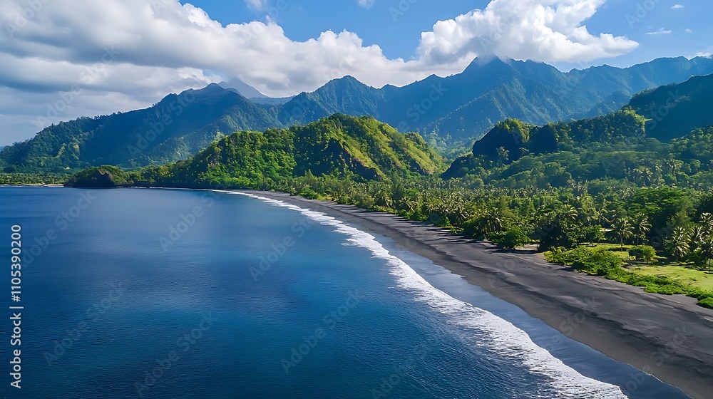 A beach with volcanic black sand bordered by towering green mountains A beach with volcanic black sand bordered by towering green mountains