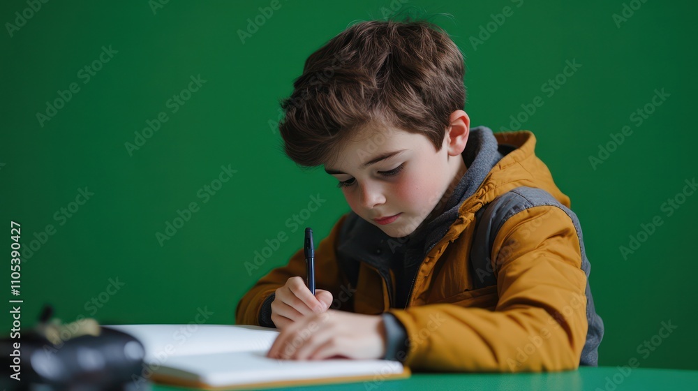 A school student writing in a notebook, set on a clean green screen for enhanced visuals A school student writing in a notebook, set on a clean green screen for enhanced visuals
