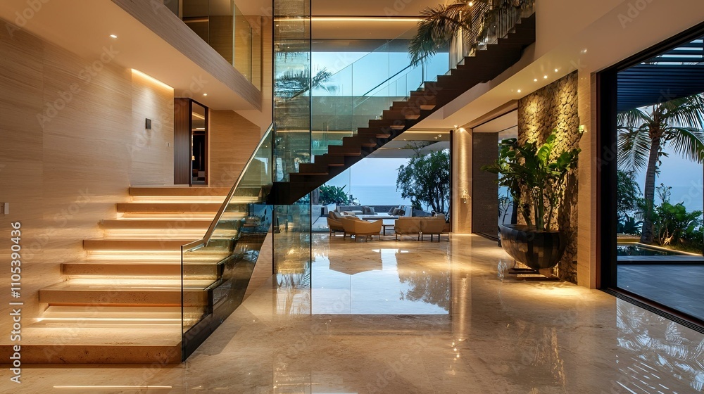 Luxurious villa entrance hall, sleek staircase with glass railings ...