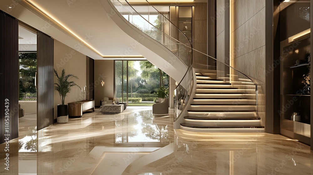 Luxurious villa entrance hall, sleek staircase with glass railings, marble flooring, and minimalist decor in a modern design Luxurious villa entrance hall, sleek staircase with glass railings, marble flooring, and minimalist decor in a modern design