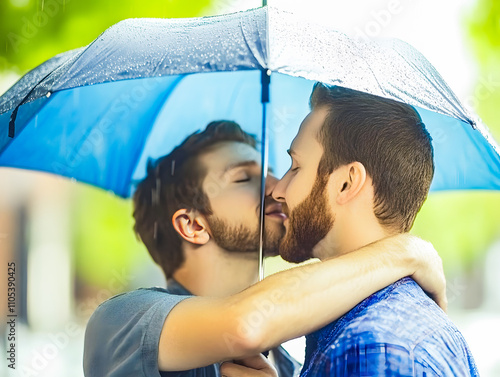 Romantic Kiss Under a Rainy Umbrella