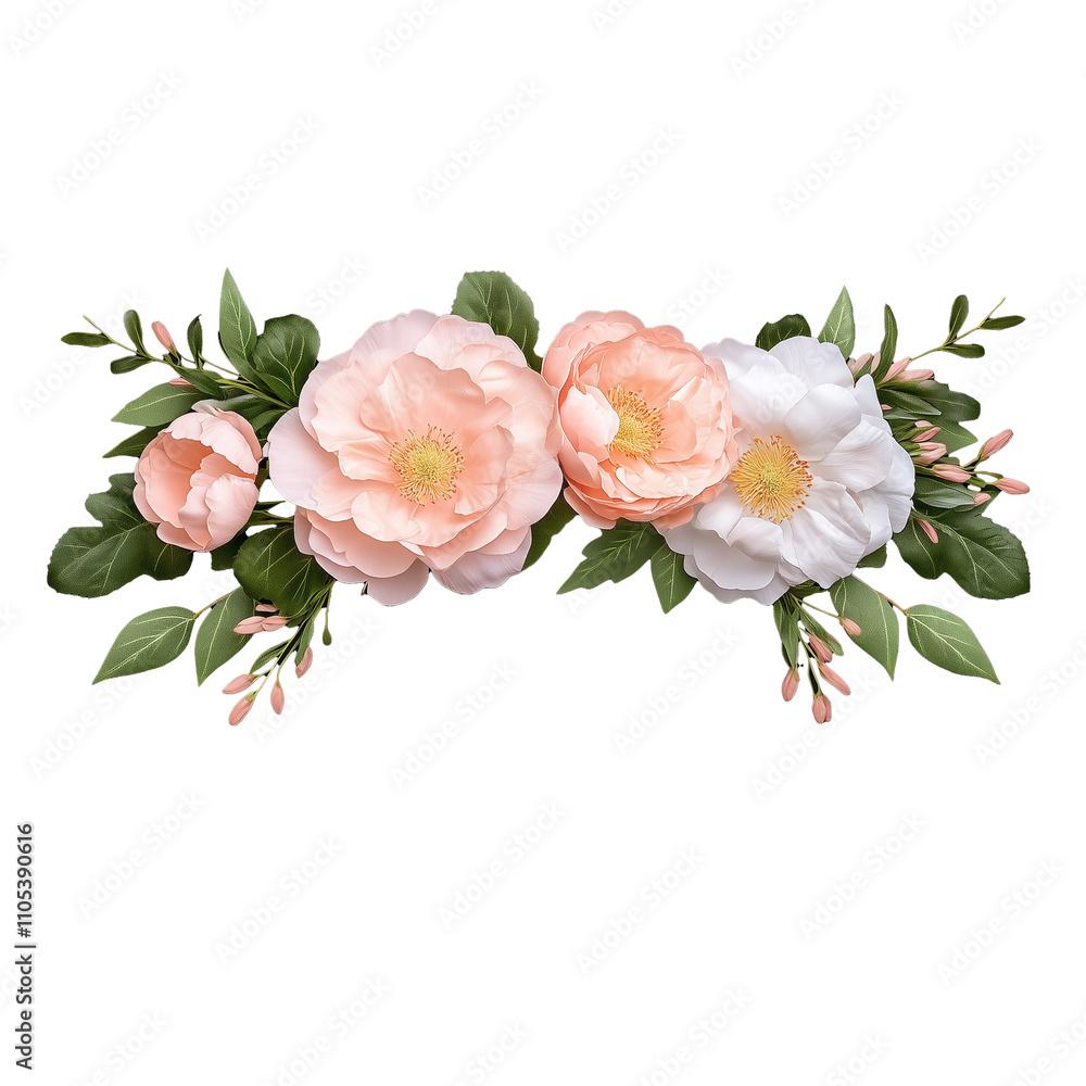 Fototapeta premium Floral arrangement with soft pink and white flowers on transparent background