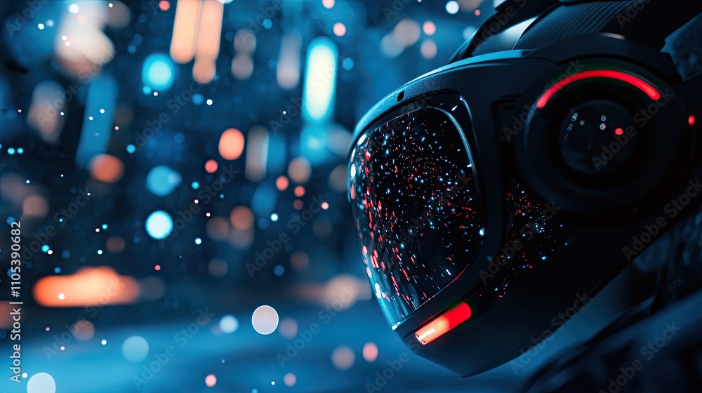 Close-up of a futuristic helmet reflecting a vibrant city lightscape at night. The dark, sleek design contrasts beautifully with the bright, colorful bokeh. Close-up of a futuristic helmet reflecting a vibrant city lightscape at night. The dark, sleek design contrasts beautifully with the bright, colorful bokeh.