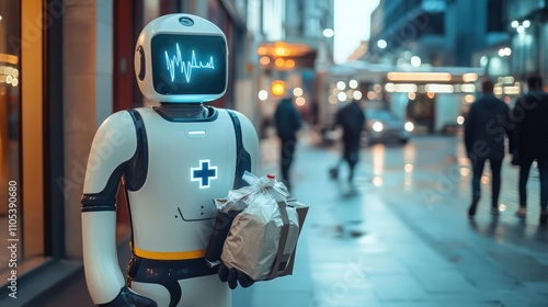 Wallpaper Mural A futuristic healthcare robot navigates a city street, carrying a package.  Its screen displays a heartbeat graphic, showcasing its advanced technology and medical purpose. Torontodigital.ca