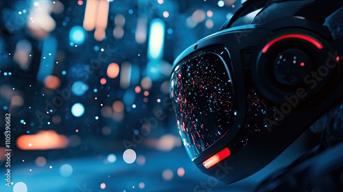 Close-up of a futuristic helmet reflecting a vibrant city lightscape at night.  The dark, sleek design contrasts beautifully with the bright, colorful bokeh. photo