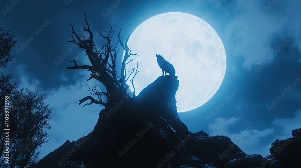 Fototapeta premium A dramatic shot of a wolf howling atop a dead tree against a bright, ominous full moon.