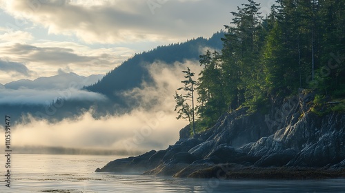 Fog creeping over a rocky mountain range along the shoreline at sunrise