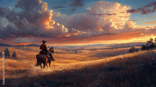 Rustic western landscape with a cowboy riding through open plains at dusk