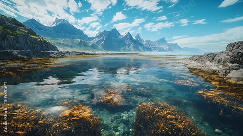 Crystal-clear tide pools at the base of a rugged mountain shoreline