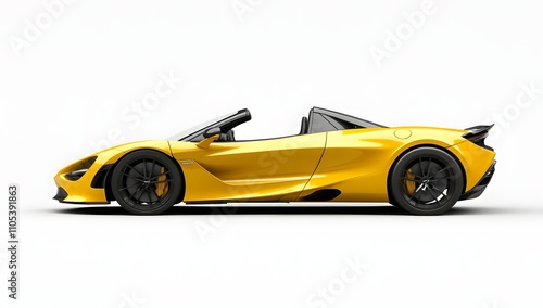 Sleek yellow sports car, convertible top down, showcasing its aerodynamic design and powerful stance against a bright white backdrop.