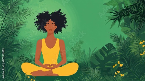 A self-care advocate demonstrating relaxation techniques, with a lush green background symbolizing inner peace