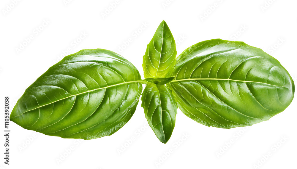 Fototapeta premium Fresh, green basil leaves isolated on a transparent background, displaying their vibrant appearance