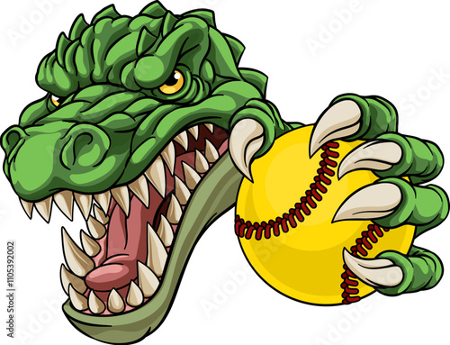 An alligator, crocodile or dinosaur softball or baseball animal sports mascot holding a ball in his claw