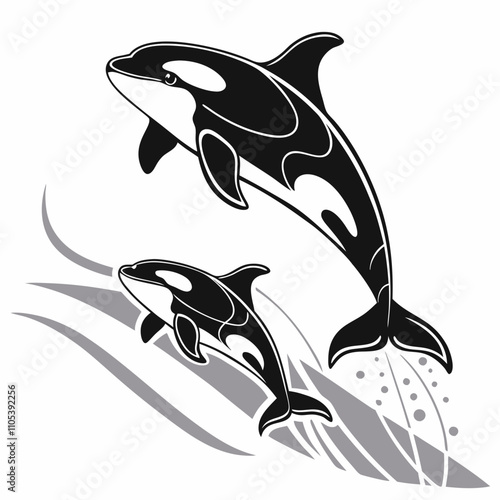 Dynamic black-and-white orca whale design showcasing leaping poses, blending simplicity with powerful movement.
