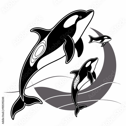 Dynamic black-and-white orca whale design showcasing leaping poses, blending simplicity with powerful movement.