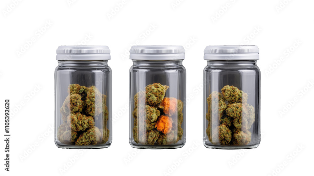 Jars of cannabis buds with transparent background for product display Jars of cannabis buds with transparent background for product display