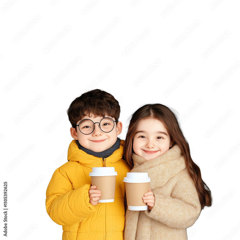 Happy children holding coffee cups with transparent background for digital use Happy children holding coffee cups with transparent background for digital use