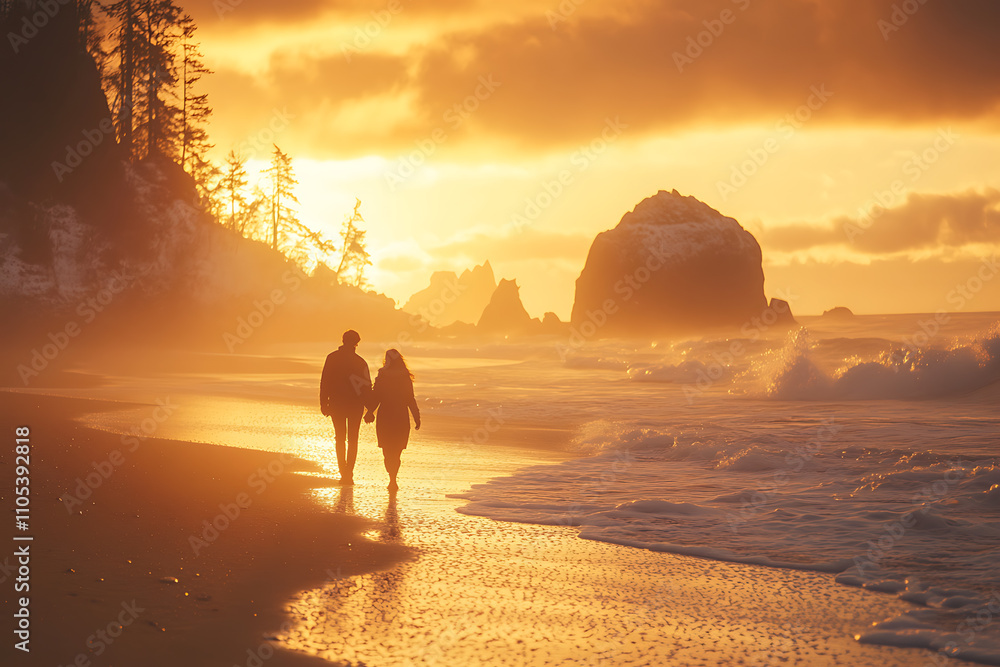 A couple strolling on a sandy beach at sunset, with gentle waves in the background. A perfect image for romantic travel or getaway promotions A couple strolling on a sandy beach at sunset, with gentle waves in the background. A perfect image for romantic travel or getaway promotions