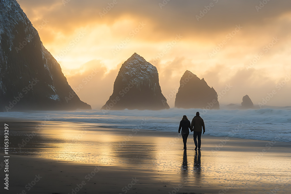 A couple strolling on a sandy beach at sunset, with gentle waves in the background. A perfect image for romantic travel or getaway promotions A couple strolling on a sandy beach at sunset, with gentle waves in the background. A perfect image for romantic travel or getaway promotions