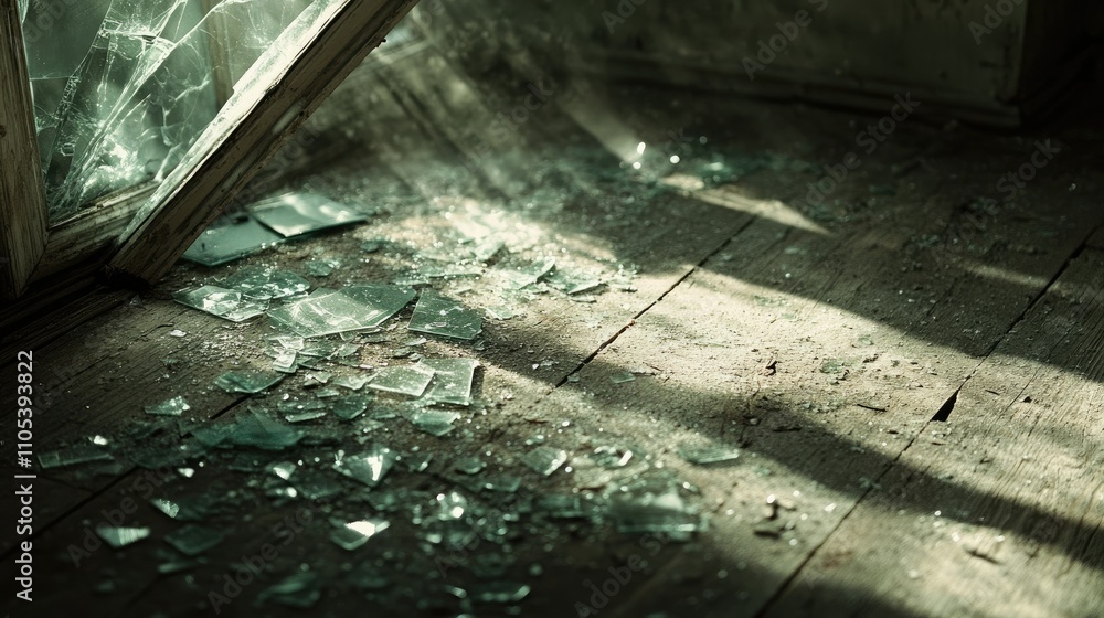 A fallen windowpane with glass shards scattered across a dusty wooden floor, lit by soft daylight.