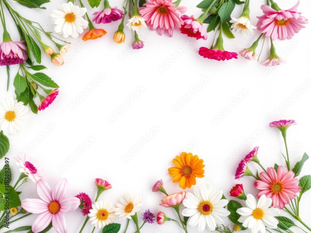 Bright and vibrant botanical floral border with vivid flowers creating a frame around a white copy space, top view flat lay composition, white copy space, botanical Bright and vibrant botanical floral border with vivid flowers creating a frame around a white copy space, top view flat lay composition, white copy space, botanical