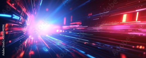 Futuristic tech background features vibrant lines, light effects. Cyberpunk style design creates sense of speed, digital data flow. Dynamic lines like tunnel. Modern tech, digital art elements with