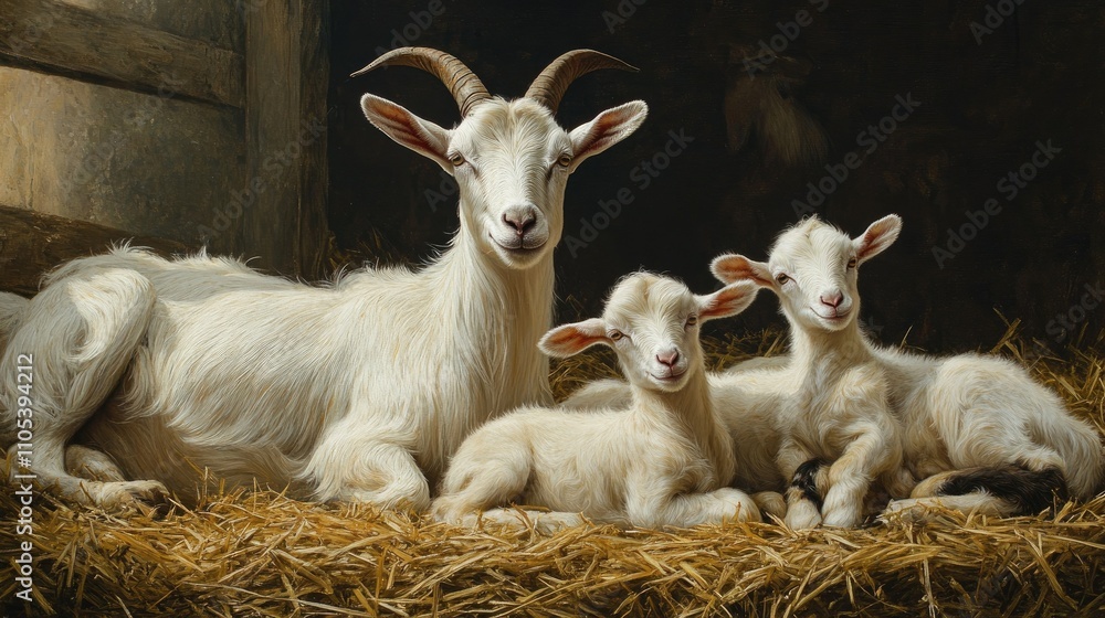 Fototapeta premium A family of goats, including a mother and her kids, resting on a straw-covered ground inside a barn.