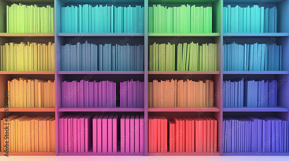 Fototapeta premium Colorful shelf with book. Library bok shelf. Colorful books on a shelf. Bookshelf with books. Colorful bookshelf filled with books of various sizes