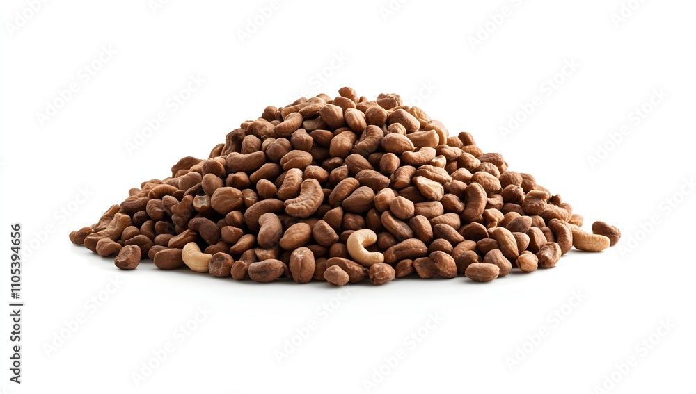 Obraz premium A large pile of roasted cashews sits against a stark white background. The warm brown tones of the nuts stand out, creating a visually appealing image.