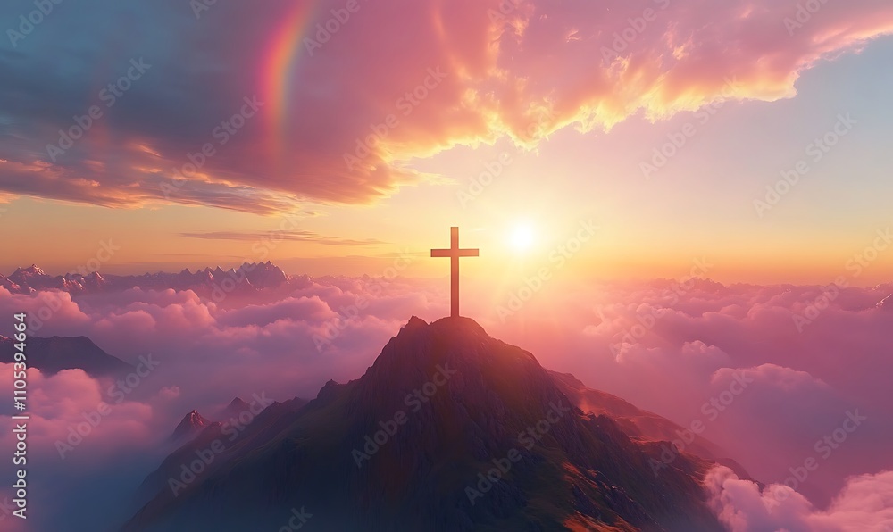 Mountaintop Cross in God's Light and rainbow. Heavenly Horizon: Cross of Christ in Morning Radiance. Majestic Sunrise: Christ's Cross on the Mountain Summit, Generative Ai
Mountaintop Cross in God's Light and rainbow. Heavenly Horizon: Cross of Christ in Morning Radiance. Majestic Sunrise: Christ's Cross on the Mountain Summit, Generative Ai