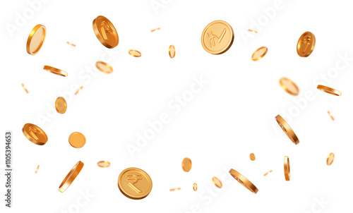 3d realistic flying golden coins of Indian rupees with effect bokeh on white isolated background. Rich or casino luck concept. Precious expensive treasure. Stock vector illustration.