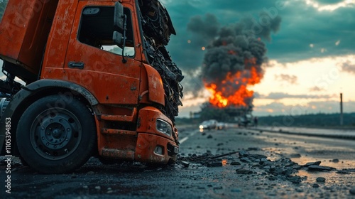 Dramatic scene of truck accident aftermath with burning wreckage against moody turquoise sky. Cinematic composition capturing destroyed orange semi truck and fire photo