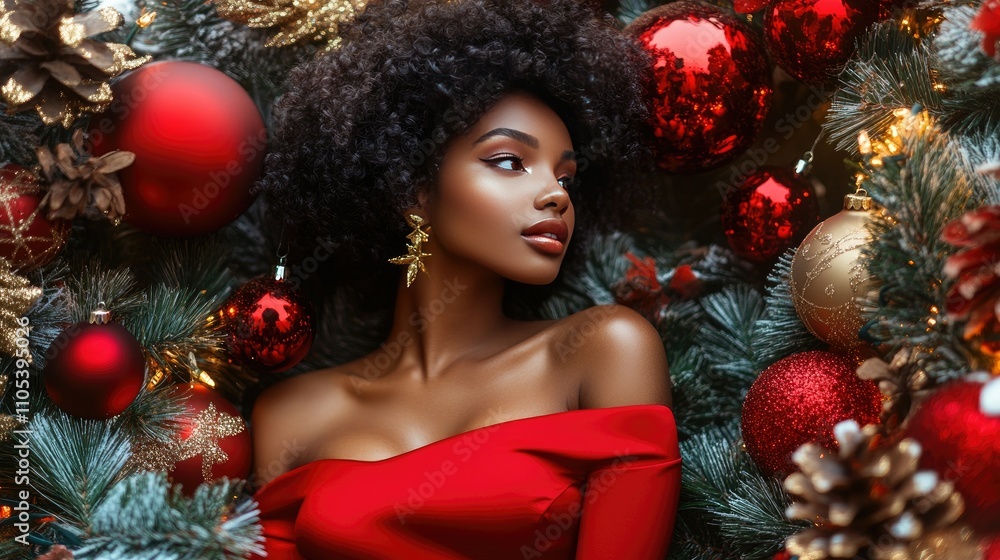 A festive look with a woman in a red off-the-shoulder dress, surrounded by Christmas decorations. A festive look with a woman in a red off-the-shoulder dress, surrounded by Christmas decorations.