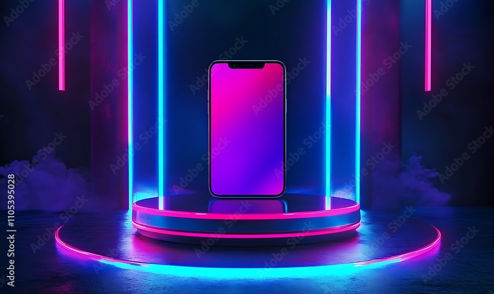 A modern 3D neon podium mockup for showcasing smartphones, featuring a laser-powered pedestal and a cyber-inspired glowing background, Generative Ai
A modern 3D neon podium mockup for showcasing smartphones, featuring a laser-powered pedestal and a cyber-inspired glowing background, Generative Ai