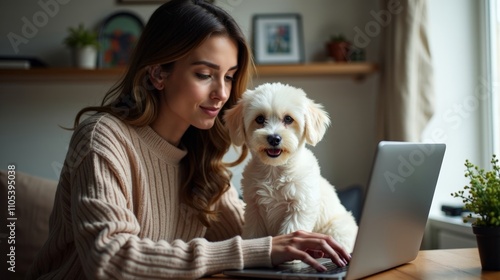 Young Woman Working on Laptop at Home with Bichon Frise Puppy on Lap photo