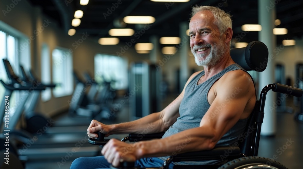 Active Senior Man in Wheelchair Exercising in Gym Environment Active Senior Man in Wheelchair Exercising in Gym Environment