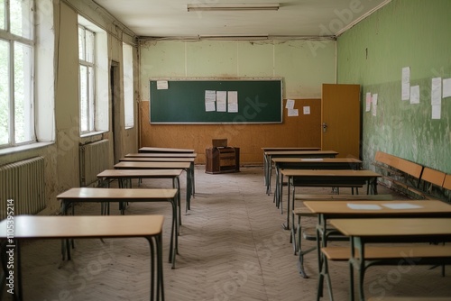 Wallpaper Mural Classroom with empty desks and green walls in an abandoned school setting Torontodigital.ca