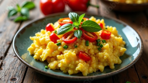 Colorful Scrambled Eggs Dish With Peppers On Wooden Table Top View