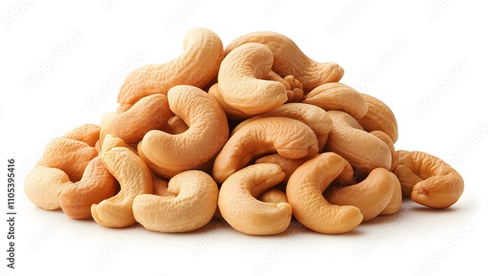 A large pile of cashew nuts, light beige in color, arranged on a white background. The nuts are in focus and look delicious. A large pile of cashew nuts, light beige in color, arranged on a white background. The nuts are in focus and look delicious.