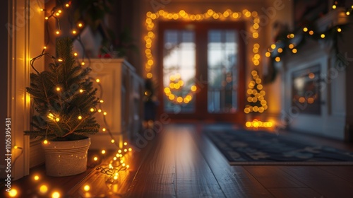 Elegant white walls, festooned with dark yellow string lights, creating a cozy and festive room ambiance.