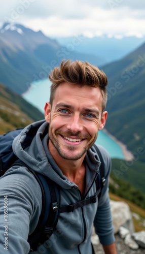 Adventure Selfie of Smiling Man with Blue Eyes on Mountain Peak in Scenic Landscape